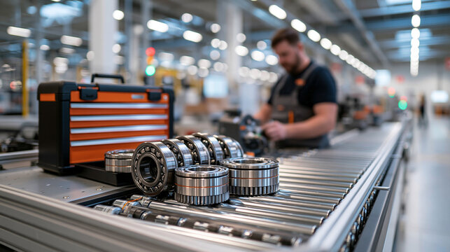 Conveyor maintenance scene with a toolbox and spare bearings grouped to the left, wide clean copy space on the right
