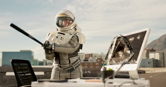 Smash, tech and apocalypse with astronaut suit with protection from nuclear pollution. Angry, person and technology breakdown and ruin after disaster on earth in a isolated city street with desk