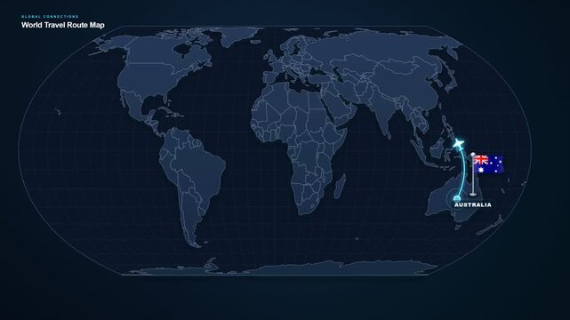 World Map Motion Graphics Tracking A Curved Animated Flight Route Connecting Australia To The Philippines In Southeast Asia