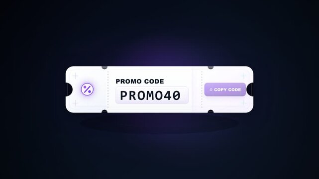 Digital coupon ticket displays PROMO40 with a copy button and confirmation state for successful code copying