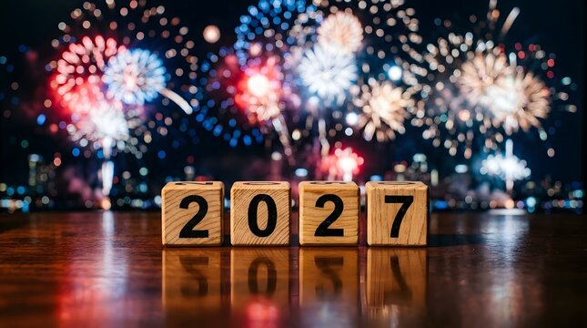 Celebrating the arrival of the year 2027 with a spectacular display of vibrant fireworks illuminating the night sky marking a fresh start and hopeful future