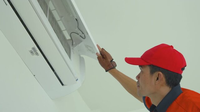 Professional technician in uniform performing maintenance on a wall mounted air conditioner unit