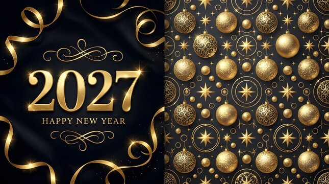 Celebrate the arrival of 2027 with dazzling golden ornaments shimmering ribbons and a festive atmosphere embracing hope joy and new beginnings for a prosperous year
