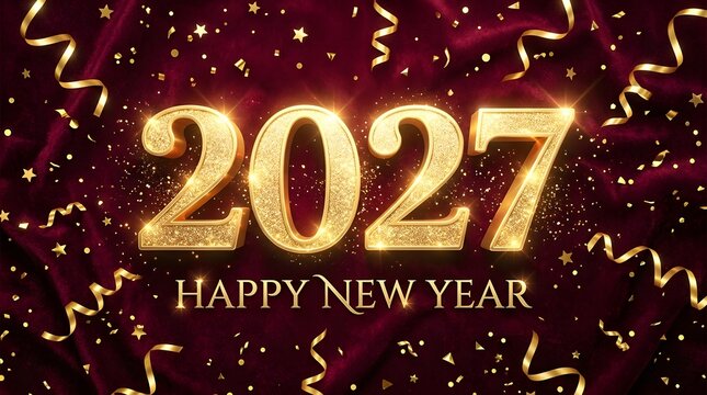 A dazzling and celebratory image welcomes the arrival of the year 2027 filled with golden confetti and shimmering lights symbolizing hope joy and fresh beginnings