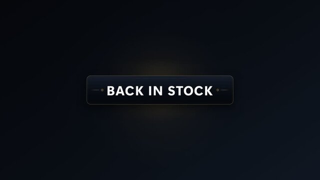 Back in stock text displayed inside a dark rounded product label with decorative side lines and subtle glowing effect