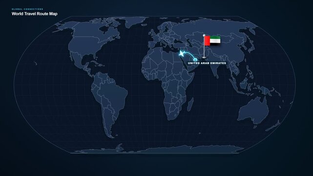 Digital World Map Presenting An Air Travel Connection From The United Arab Emirates Westward To Egypt Across The Middle East And North Africa With Route Tracking And National Flags