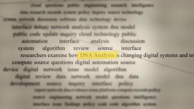 Highlighted DNA Analysis text moves across research content about genetics science technology data and intelligence