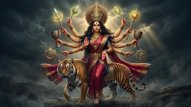 Goddess Durga illustration isolated on transparent background, Hindu deity riding tiger