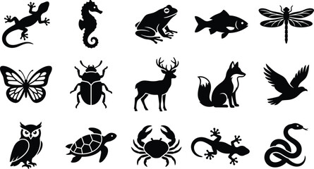 Obraz premium collection of black wild animal silhouettes including deer fox owl lizard and turtle vector illustration 