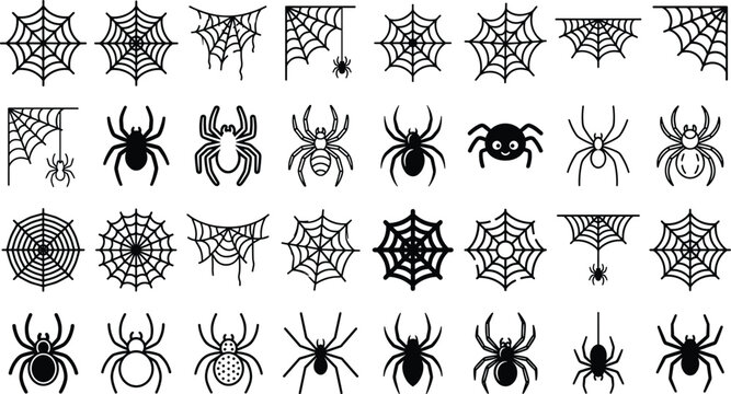 collection of black halloween spider and cobweb silhouettes isolated on a white background vector illustration

