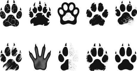 Grunge textured black silhouette vector collection of various wild animal paw prints with claws shapes isolated on clean white background  © MstMonjila