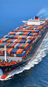Large Cargo Ship Transporting Multicolored Containers Across the Ocean