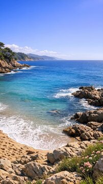 Turquoise ocean waves crashing on a rocky coast and sandy beach