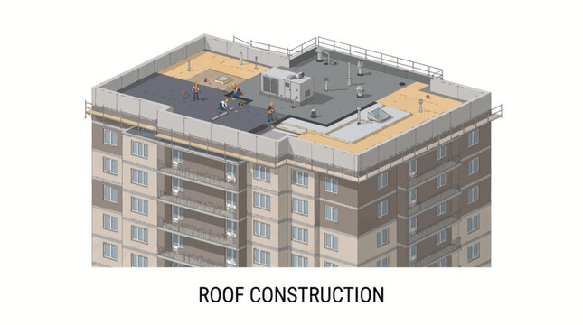Very beautiful realistic flat vector illustration of an apartment building at the roof construction stage, flat rooftop structure, parapet walls, LABEL: "ROOF CONSTRUCTION", waterproofing layers and s