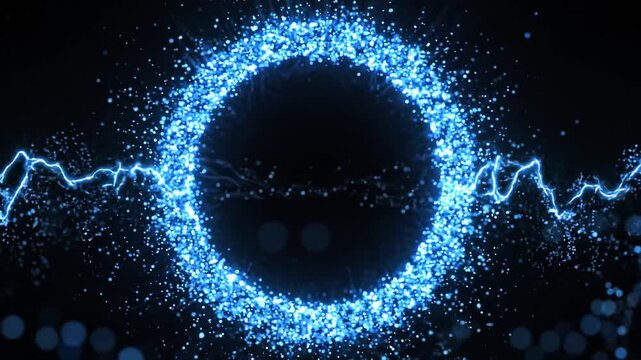 Glowing blue particle circle background. Futuristic energy ring sparkling dust light dots, abstract technology, sci-fi portal or digital wave effect modern visuals digital presentation effect backdrop