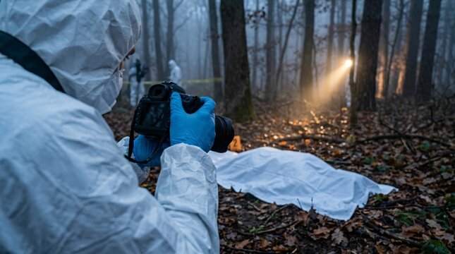 Medium shot of a forensic specialist in a protective white suit taking photos with a professional DSLR camera towards a covered body in a misty forest.