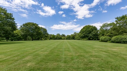 Obraz premium Wide open mowed lawn stretching to a distant tree line under a blue sky with scattered clouds