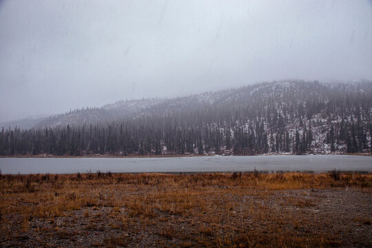 Lake in Canada on snowy day