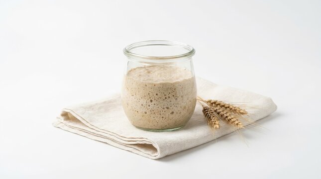 Active Sourdough Starter Fermenting in Glass Jar with Wheat Ears on Linen Napkin for Artisan Bread Baking
