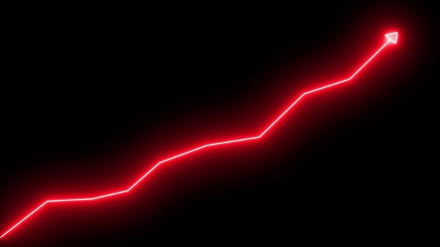 Glowing neon line market Recovery Concept. Successful growth trend red line graph going Up. Abstract neon line arrow business graph on dark