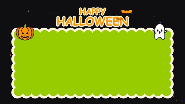 Cute flat Halloween decorative frame featuring a large green empty center, playful spooky characters, pumpkin, bat, stars, and seasonal border elements with subtle looping animation.