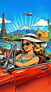 Woman in Vintage Outfit Driving Red Convertible with Global Landmarks in Pop Art Style