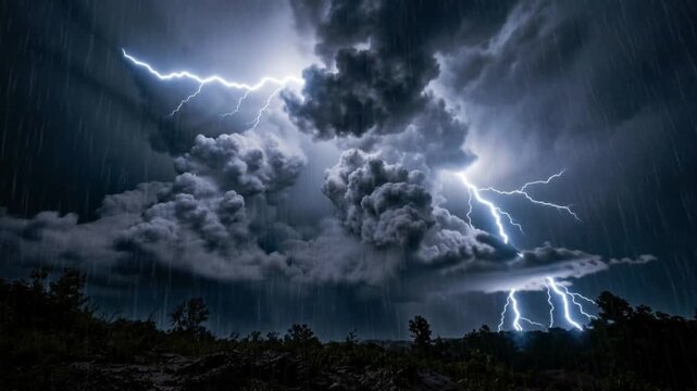 A dramatic 3D stormy sky simulation showcases powerful, forked lightning bolts illuminating dark, layered storm clouds amidst heavy rain at night.