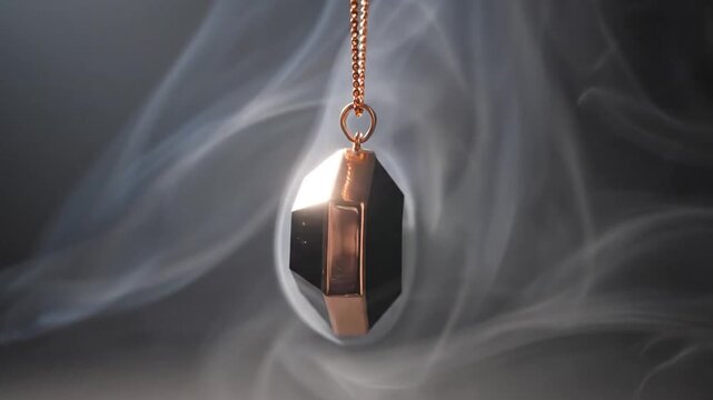 A golden hexagonal pendant hangs amidst swirling white smoke clouds