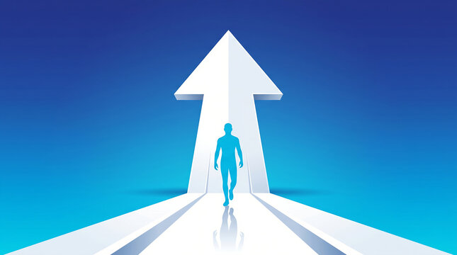 A blue human silhouette walking towards a large white arrow on a reflective white floor, set against a bright blue gradient background
