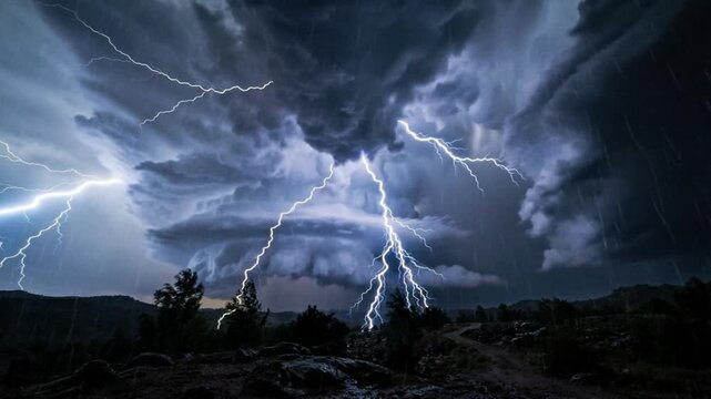 A dramatic 3D stormy sky simulation vividly displays layered dark storm clouds with powerful forked lightning illuminating a rugged natural landscape.