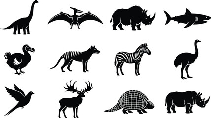 Extinct and Prehistoric Animal Silhouette Icon Set Featuring Dinosaur Wildlife Outlines for Creative Designs © Mukta