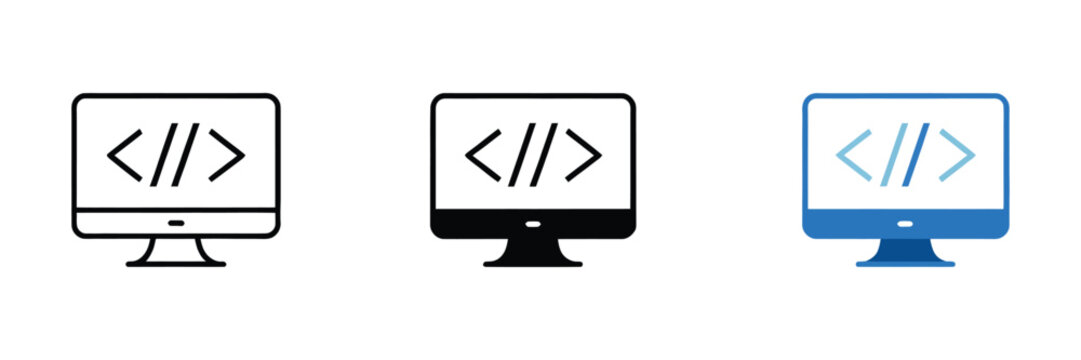 Coding screen desktop monitor, software development, programming interface, computer code, technology, developer, vector icon