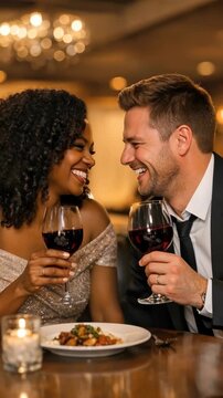 Diverse Couple Laughing and Sharing Red Wine at a Romantic Dinner