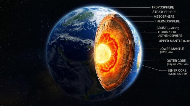 A realistic 3D illustration of Earth with its atmospheric and internal layers peeled back, revealing the intricate structure from core to outer atmosphere.