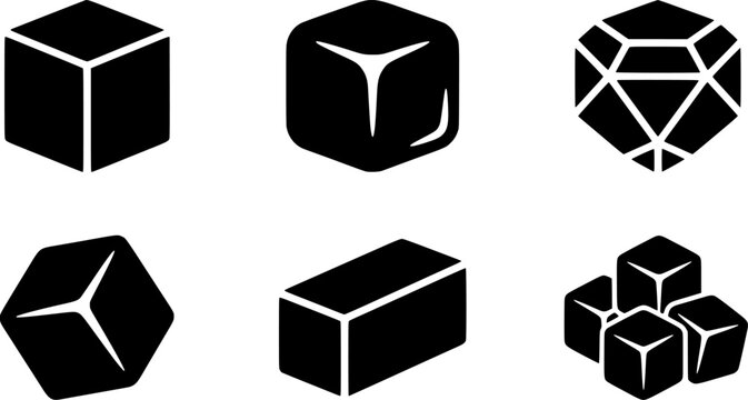 Set of geometric black shapes including cubes pentagons and polyhedrons on white background