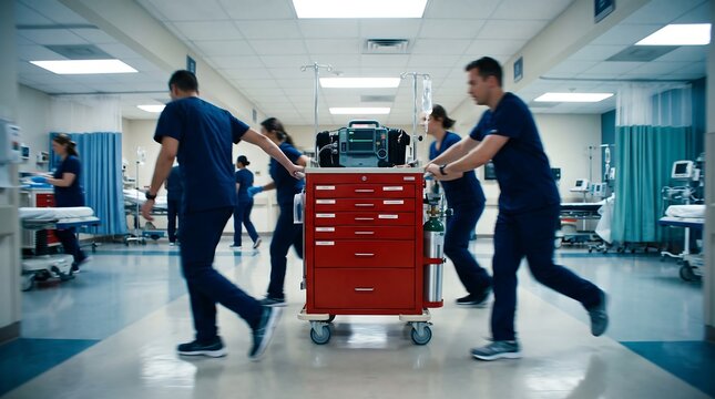Urgent Medical Team Pushing Crash Cart Down Hospital Hallway During Emergency Situation