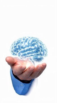 Glowing Human Brain Held in Palm of a Hand