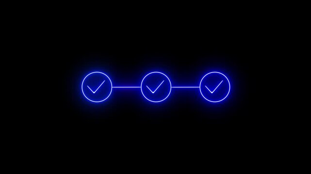 Glowing neon blue three step progress bar and time line animation with check marks for business work flow task completion and loading screens.