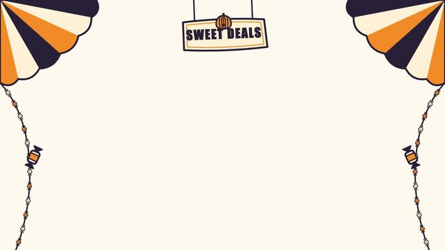 A delightful 2D Halloween candy shop promotional frame animation featuring dynamic animated awnings, dangling candy ropes, and a swinging central sign with a pumpkin emblem and "SWEET DEALS