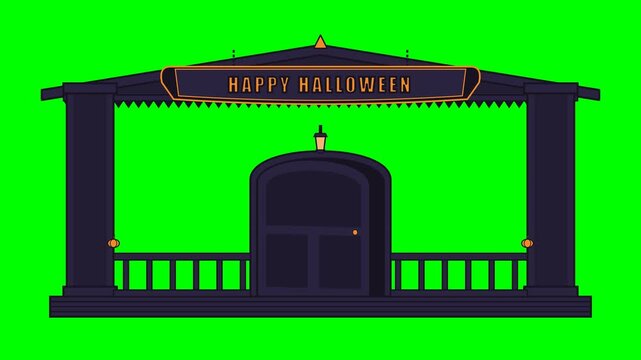 A premium 2D Halloween promotional frame animation set against a pure green screen background, featuring an ultra-sharp vectorized Happy Halloween sign prominently placed in the front foreground layer
