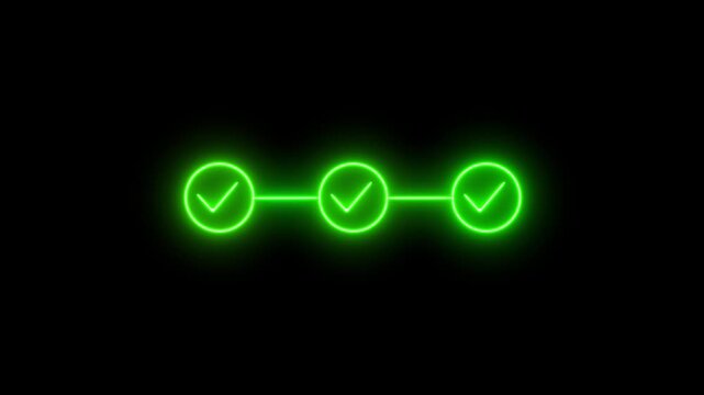 Glowing neon blue three step progress bar and time line animation with check marks for business work flow task completion and loading screen