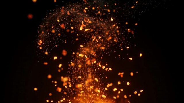 Close-up simulation of vibrant orange embers rising from an unseen fire, creating a mesmerizing glow against a dark backdrop.