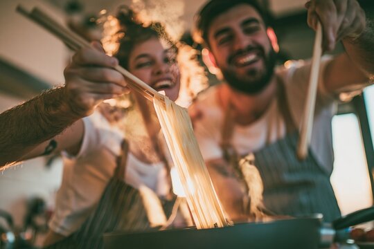 Happy young couple cooking pasta together in the kitchen with steam rising from a pan