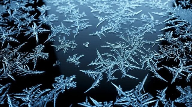 Close-up view of delicate blue ice crystal patterns forming and spreading across a dark, frozen surface, showcasing the intricate beauty of winter's frost.