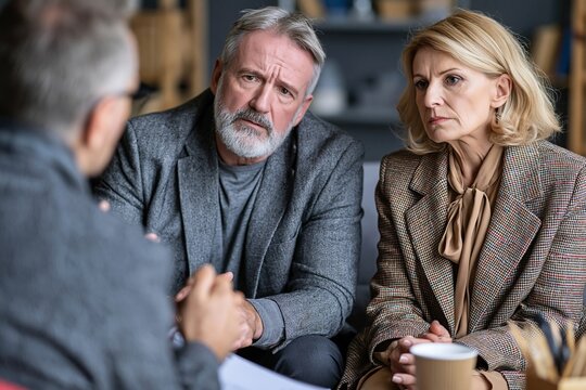 Mature couple sitting together on a couch while listening to a counselor in an office