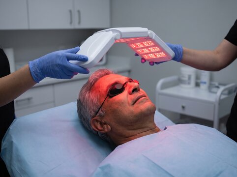 A senior man receiving red light therapy on his face at a clinic. This light treatment uses specific wavelengths for skin rejuvenation or cosmetic care.