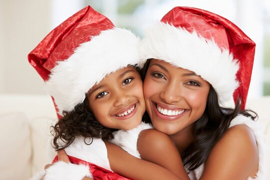 Smiling mother and daughter wearing santa claus hats hugging and celebrating christmas