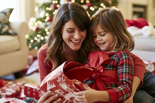 Smiling mother and her young daughter opening a christmas gift together sitting on living room floor