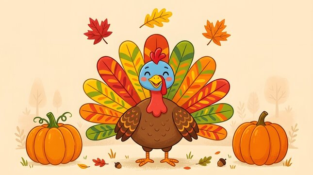 A delightful and vibrant cartoon illustration of a thanksgiving turkey surrounded by autumn foliage and pumpkins embodying the spirit of gratitude and festive celebration perfect