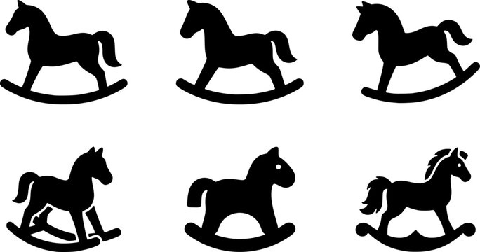 Collection of vintage rocking horse silhouettes in black and white illustration
